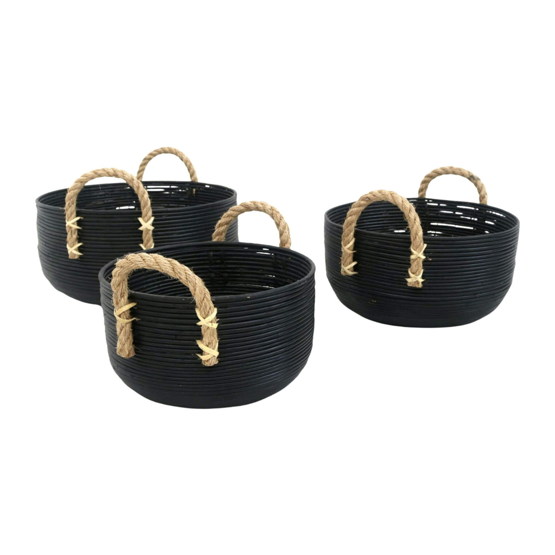 Set of Ebony baskets in black rattan with natural jute handles, three sizes