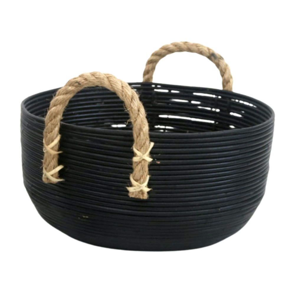 Large Ebony basket with woven black rattan body and jute handles