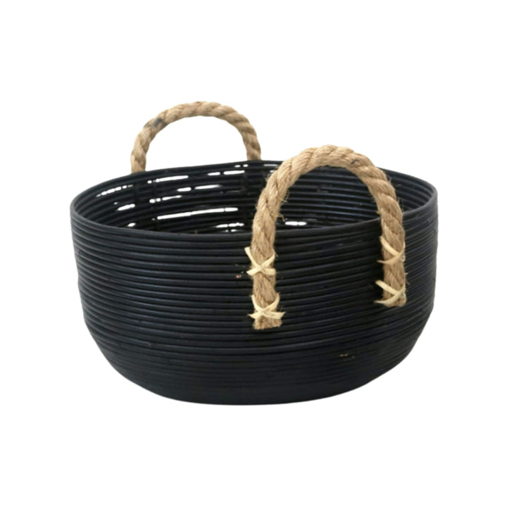 Medium black rattan Ebony basket with curved jute handles