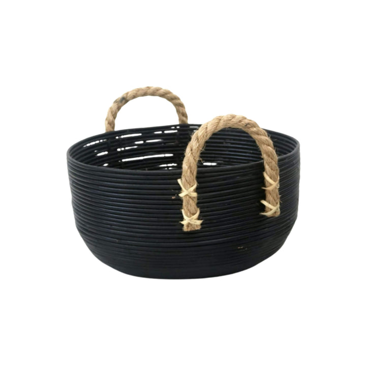 Small Ebony basket in black rattan with rustic jute handles