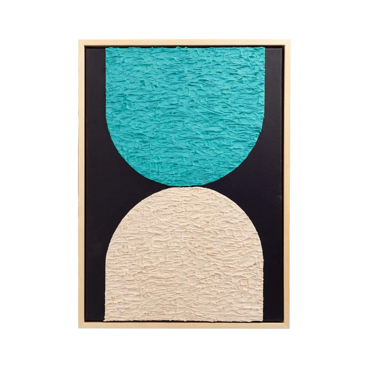 Front view of the Eclipse original painting by Manuel Pereyra with textured turquoise and ivory forms on a black background