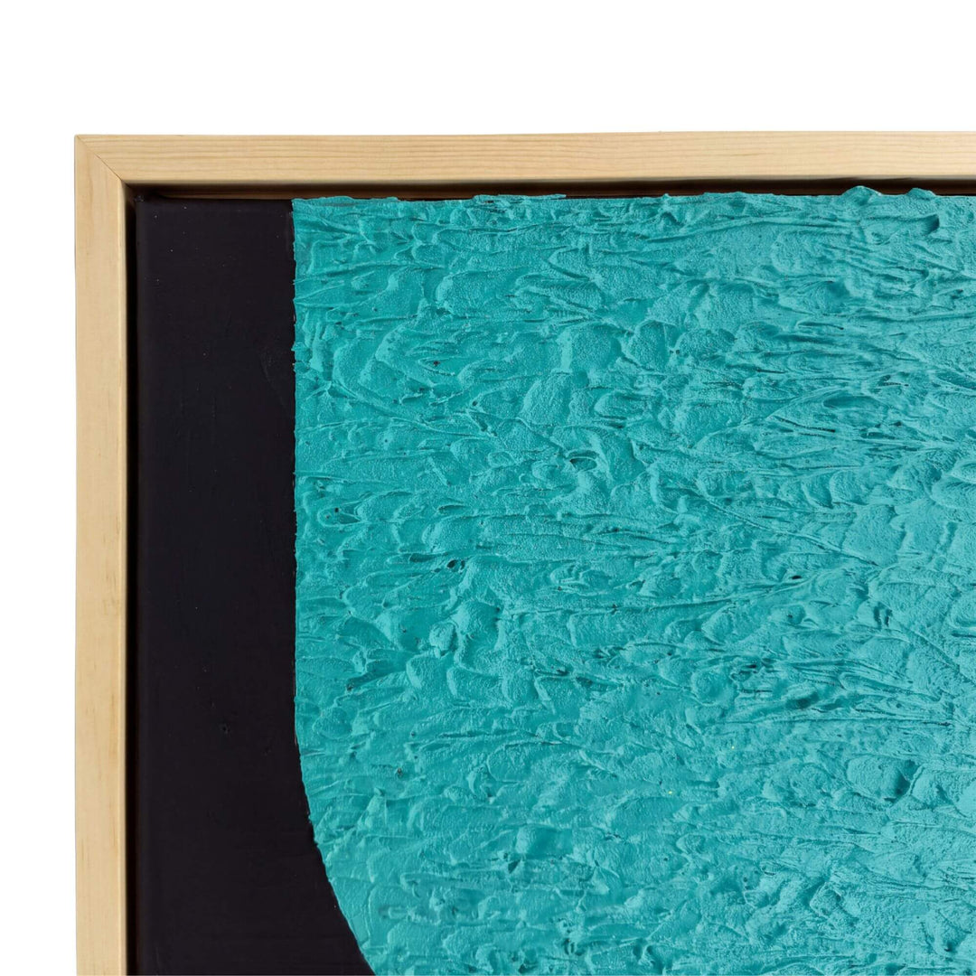 Close-up of the Eclipse painting highlighting the turquoise textured form and natural wood frame