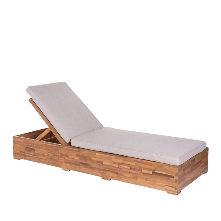 Front angled view of Eden acacia sunbed with adjustable backrest and neutral cushion.