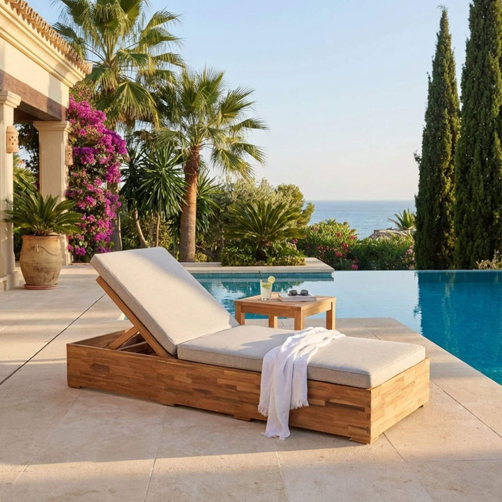 Styled poolside setting featuring the Eden sunbed in a bright outdoor environment.