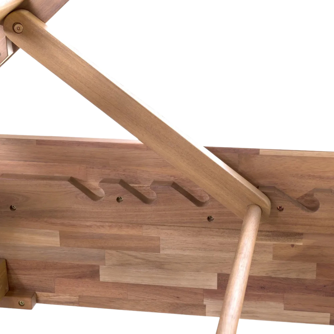 Detail view of the acacia wood structure showing natural grain and joinery.
