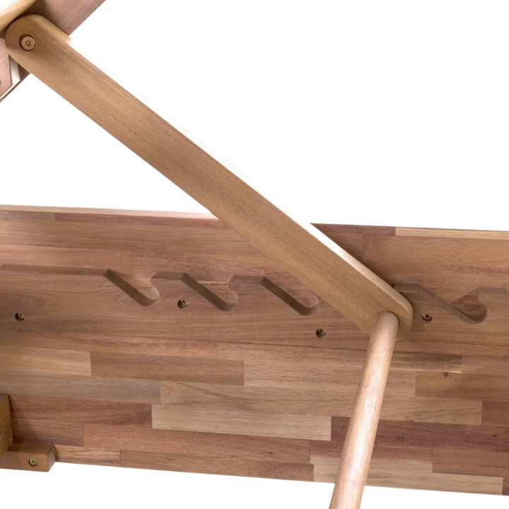 Detail view of the acacia wood structure showing natural grain and joinery.