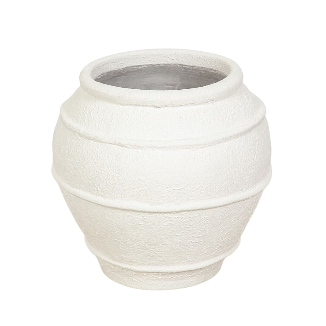 Front view of the Egada white terracotta vase showcasing its rounded shape and textured surface.