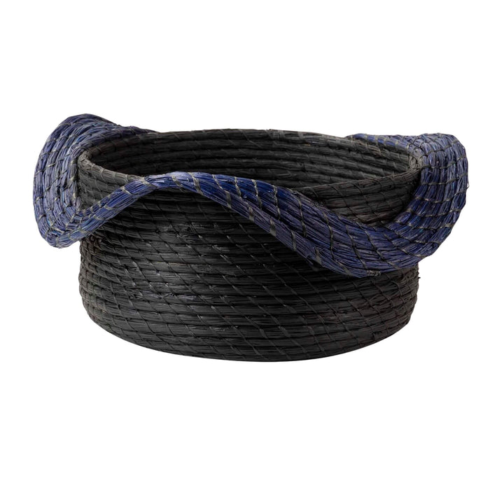 Eggun Basket in black and blue with handwoven seaweed texture.