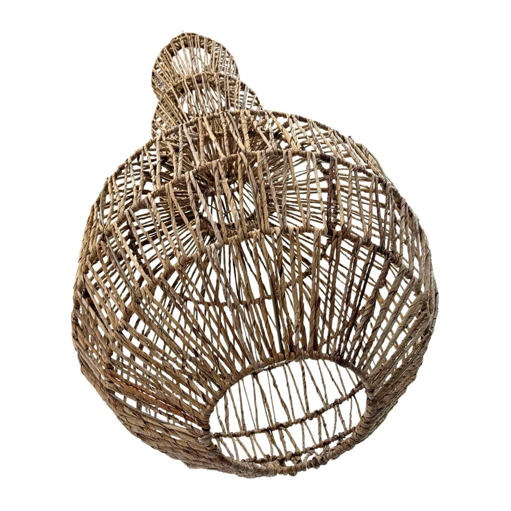 Underside view of natural fiber ceiling lamp.