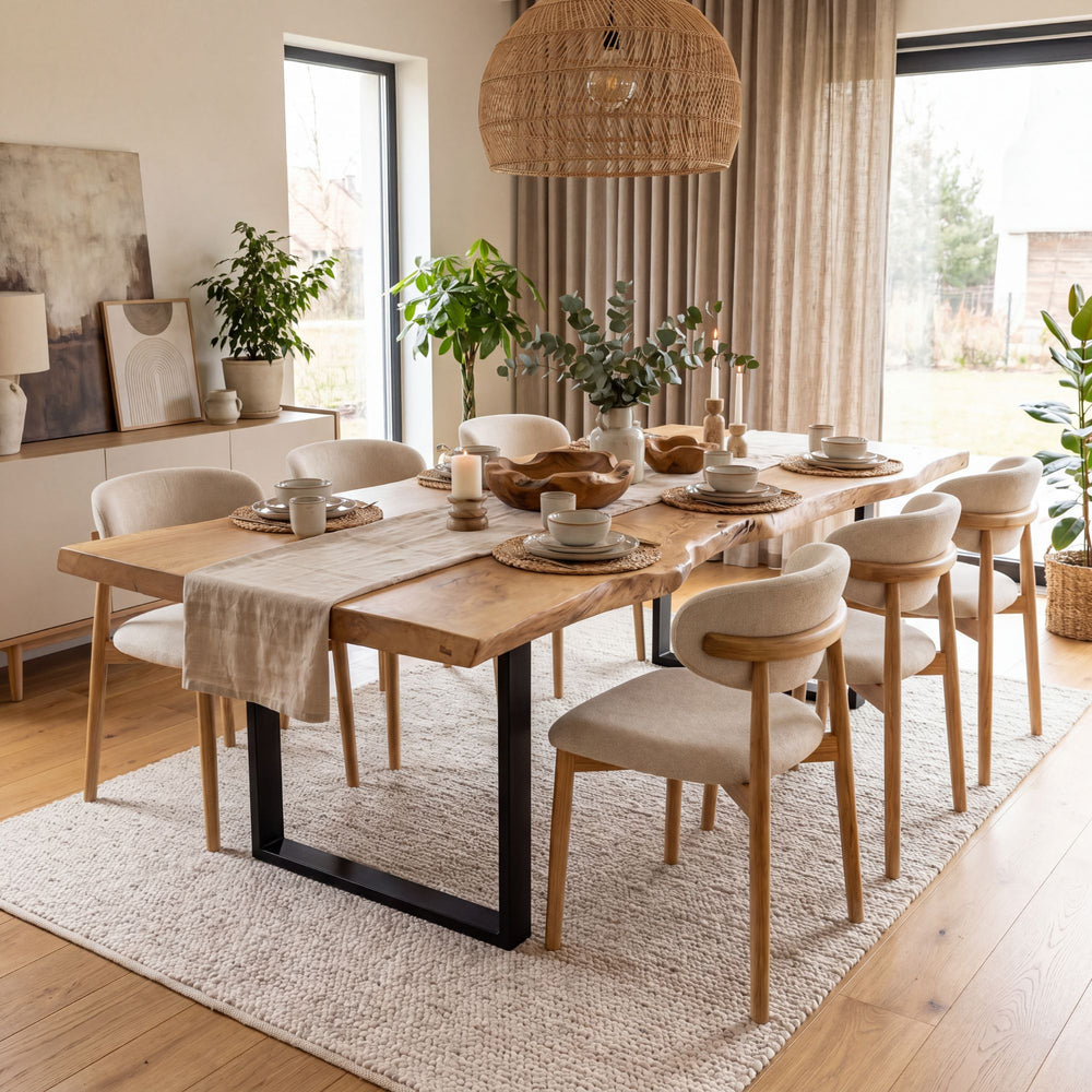 Styled dining room setting featuring the Elara dining chairs around a wooden table in a warm natural interior.