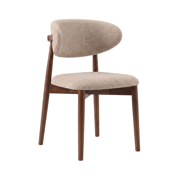 Front angled view of the Elara dining chair with walnut-toned rubberwood frame and beige chenille upholstery