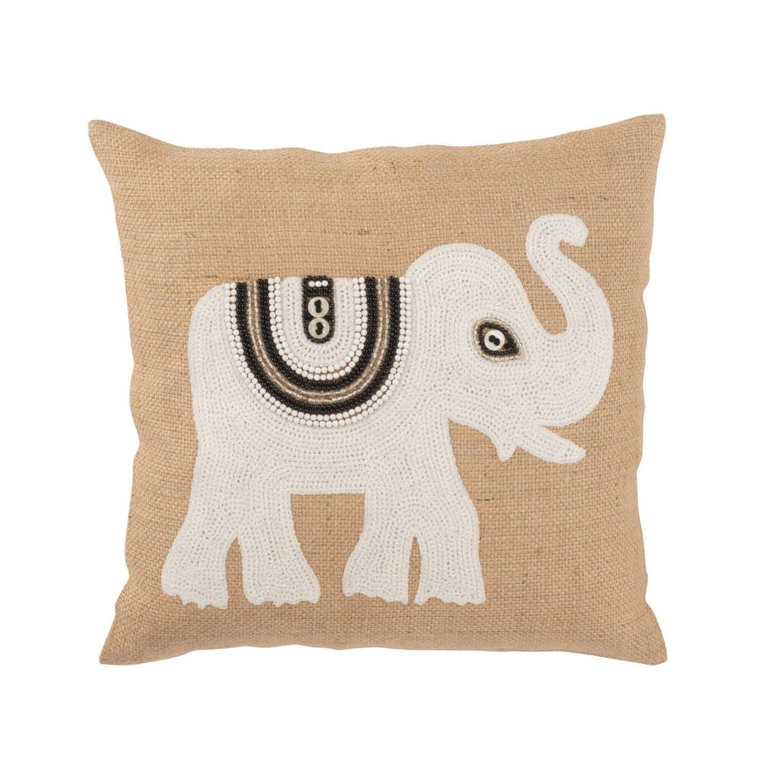 Square jute cushion with white beaded elephant design