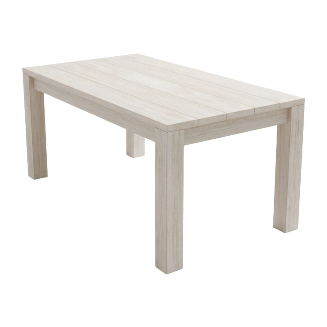 Angled view of the Ellen Garden Outdoor Dining Table in whitewashed pine wood.