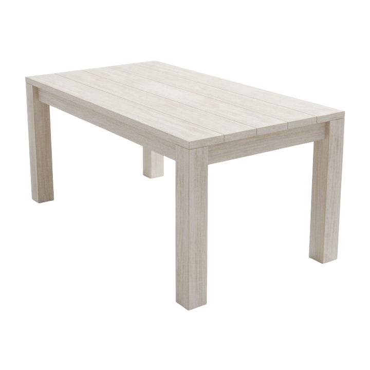 Angled view of the Ellen Garden Outdoor Dining Table in whitewashed pine wood.