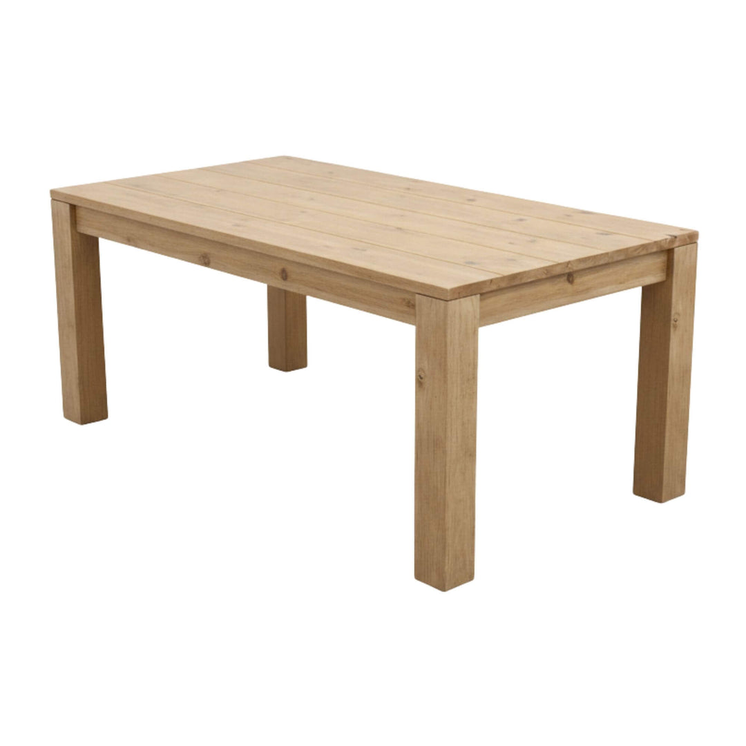 Angled view of the Ellen Garden Outdoor Dining Table in whitewashed pine wood.