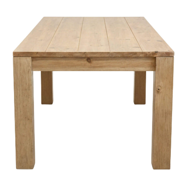 Front view of the Ellen Garden Outdoor Dining Table in natural pine wood.