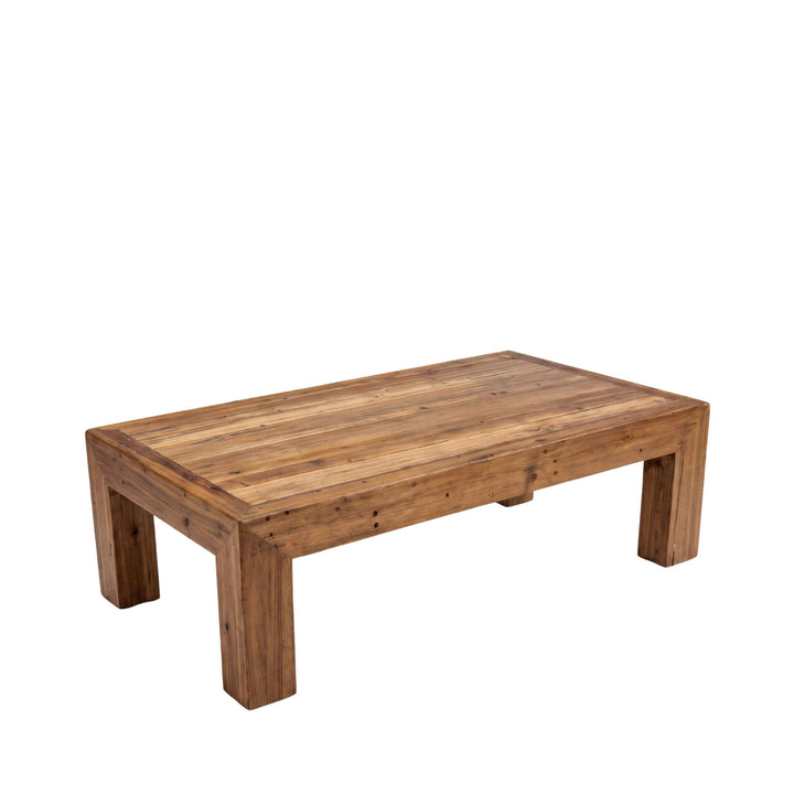 Front angled view of the Elm Wood coffee table with a rectangular top and substantial solid wood legs