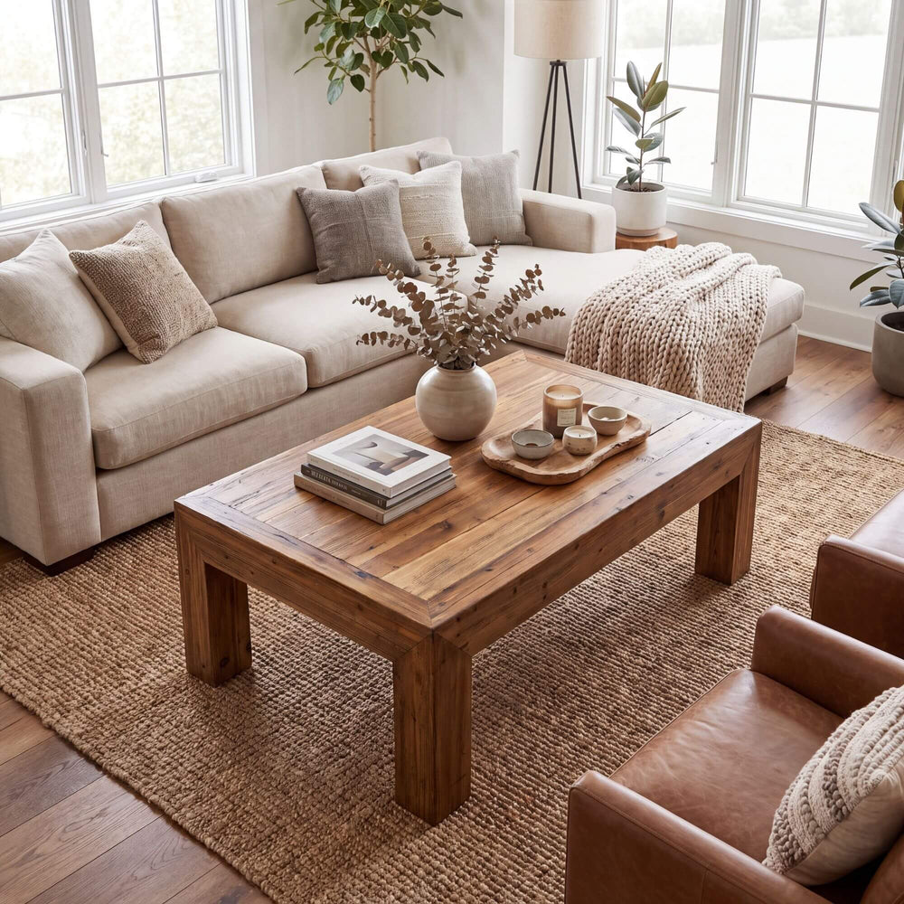 Elm Wood coffee table styled with books and decorative objects in a warm neutral living room