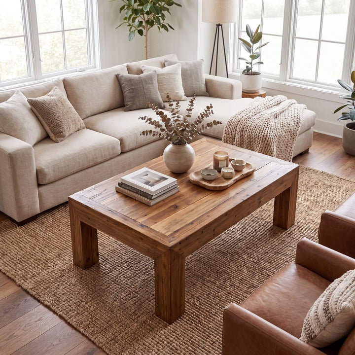 Elm Wood coffee table styled with books and decorative objects in a warm neutral living room