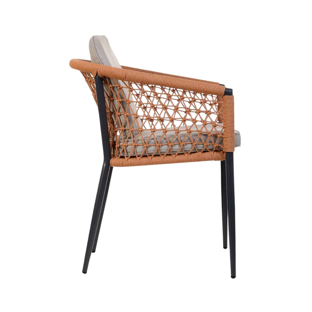 Side view of rope-woven outdoor dining chair