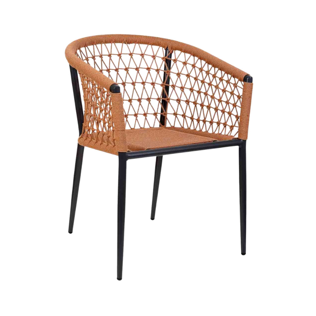 Outdoor dining chair without cushion showing rope seat structure