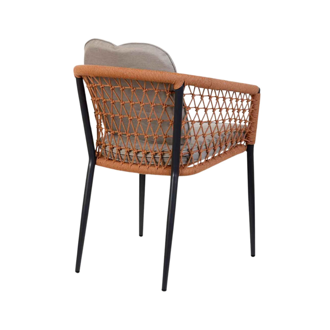 Outdoor dining chair with rope weaving and aluminium frame, back view