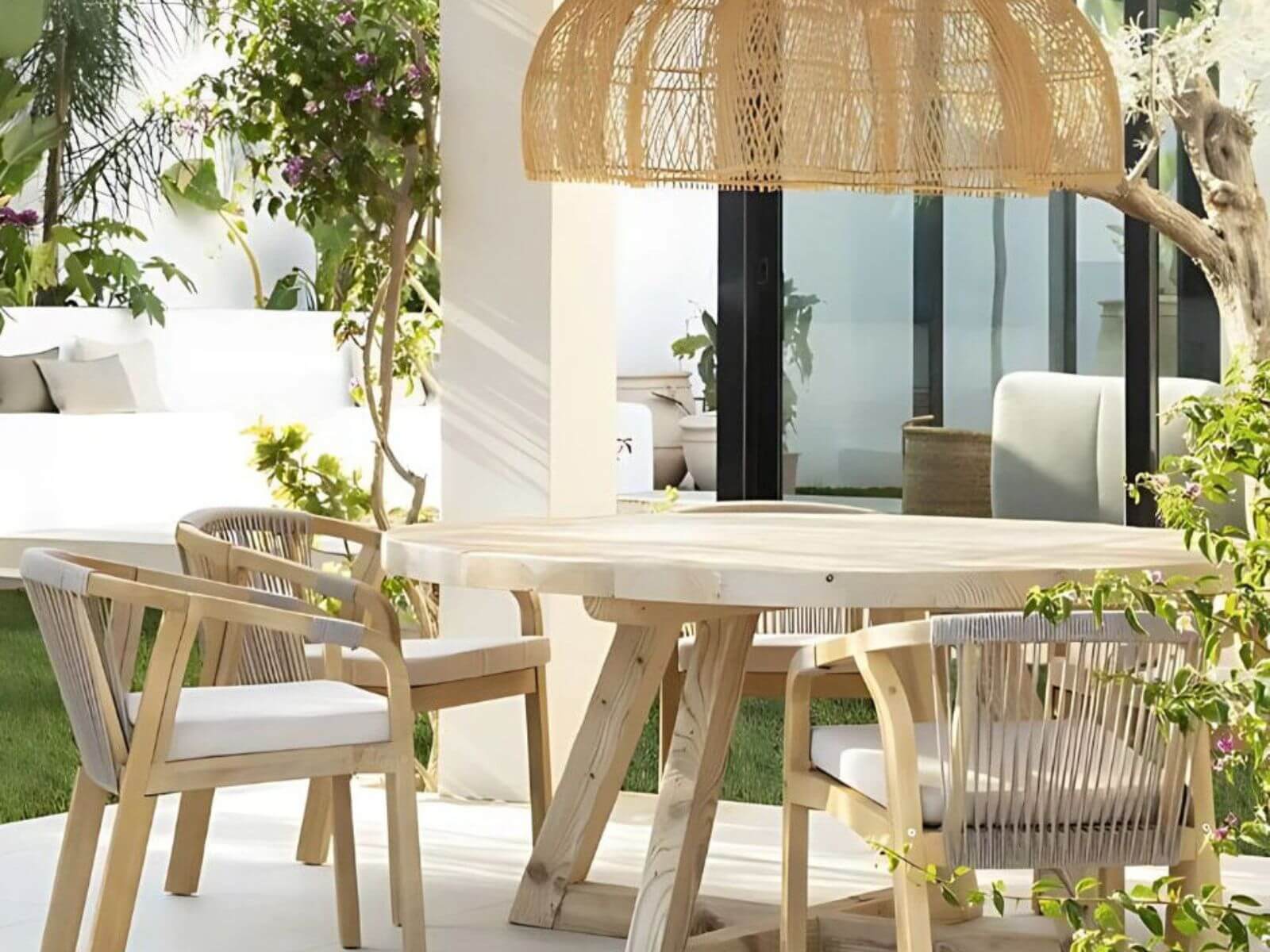 Outdoor dining area with wooden table and chairs under a wicker pendant light.