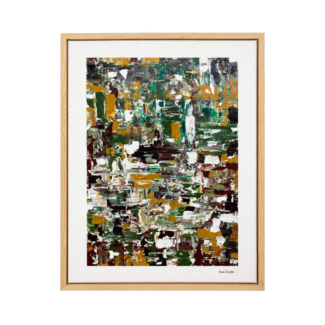 Front view of the Emerald Terrain original painting by Manuel Pereyra with layered green, ochre, white, black, and earthy abstract textures