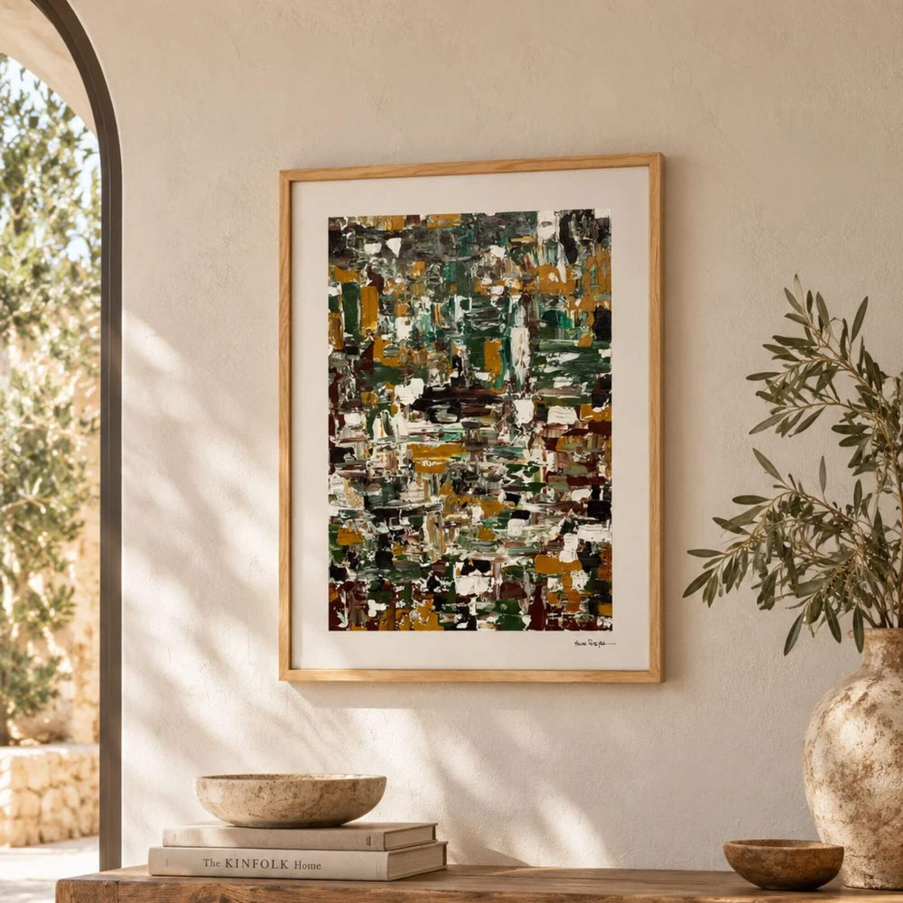 Emerald Terrain painting by Manuel Pereyra displayed above a console in a warm Mediterranean-inspired interior