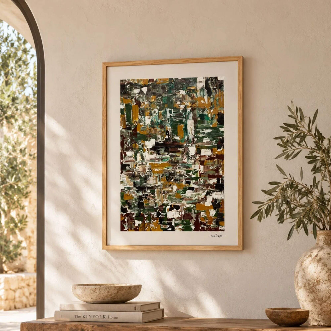 Emerald Terrain painting by Manuel Pereyra displayed above a console in a warm Mediterranean-inspired interior