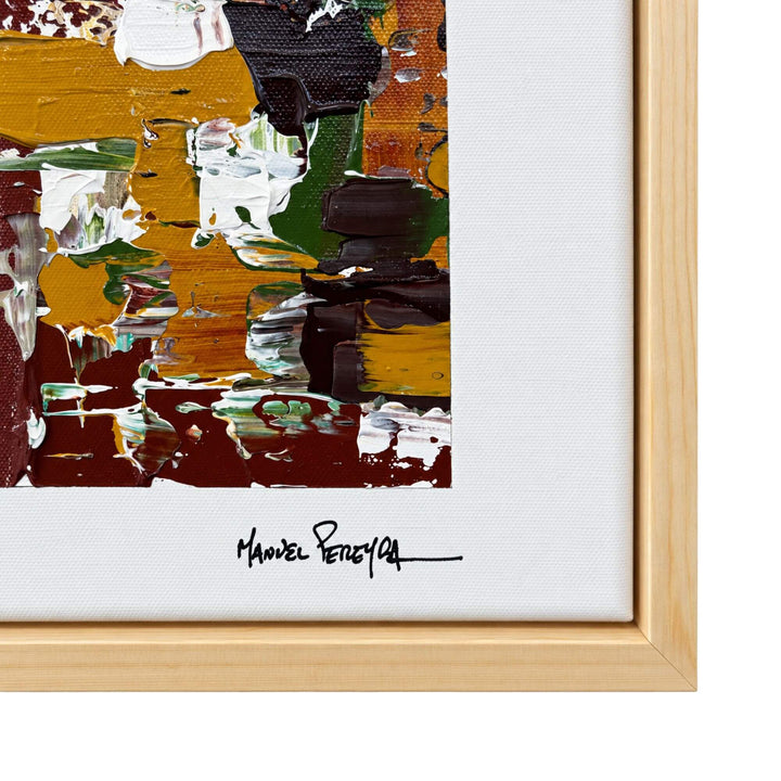 Close-up of the Emerald Terrain artwork showing its textured mixed-media surface, earthy colours, and artist signature