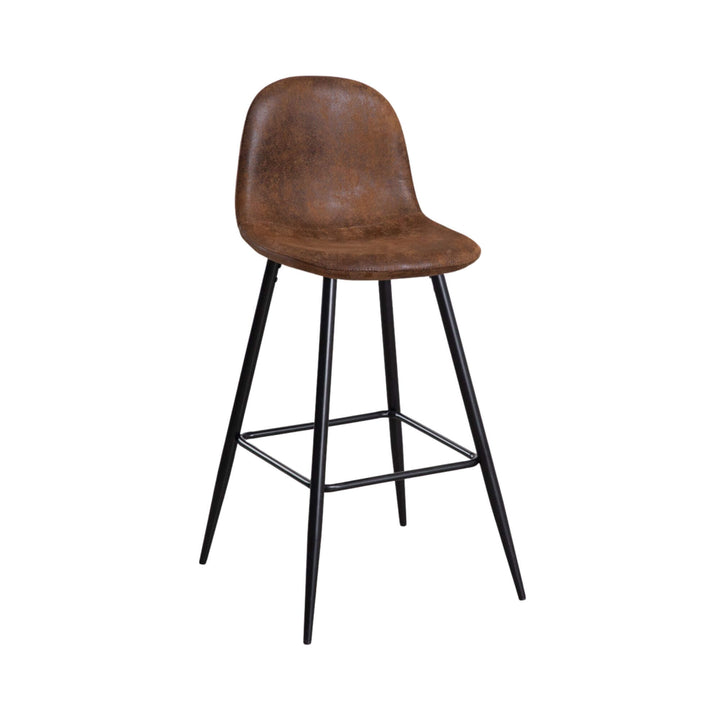 Front angled view of the Enzo bar stool with warm brown upholstered seat and slim black steel frame