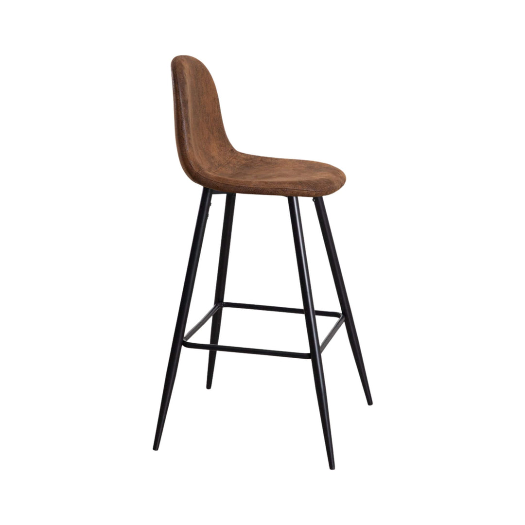 Side view of the Enzo bar stool showing its curved upholstered seat, tall backrest, and integrated footrest