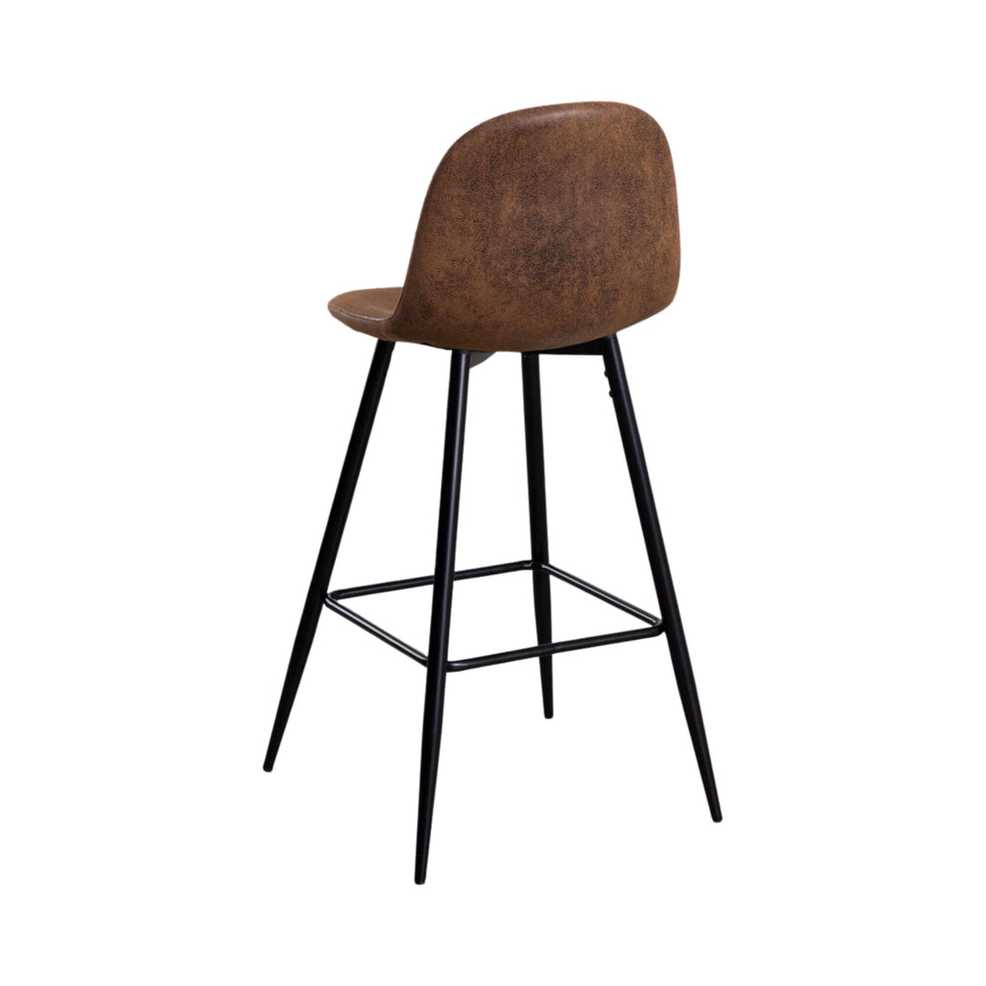 Rear angled view of the Enzo bar stool highlighting the curved brown backrest and black steel frame