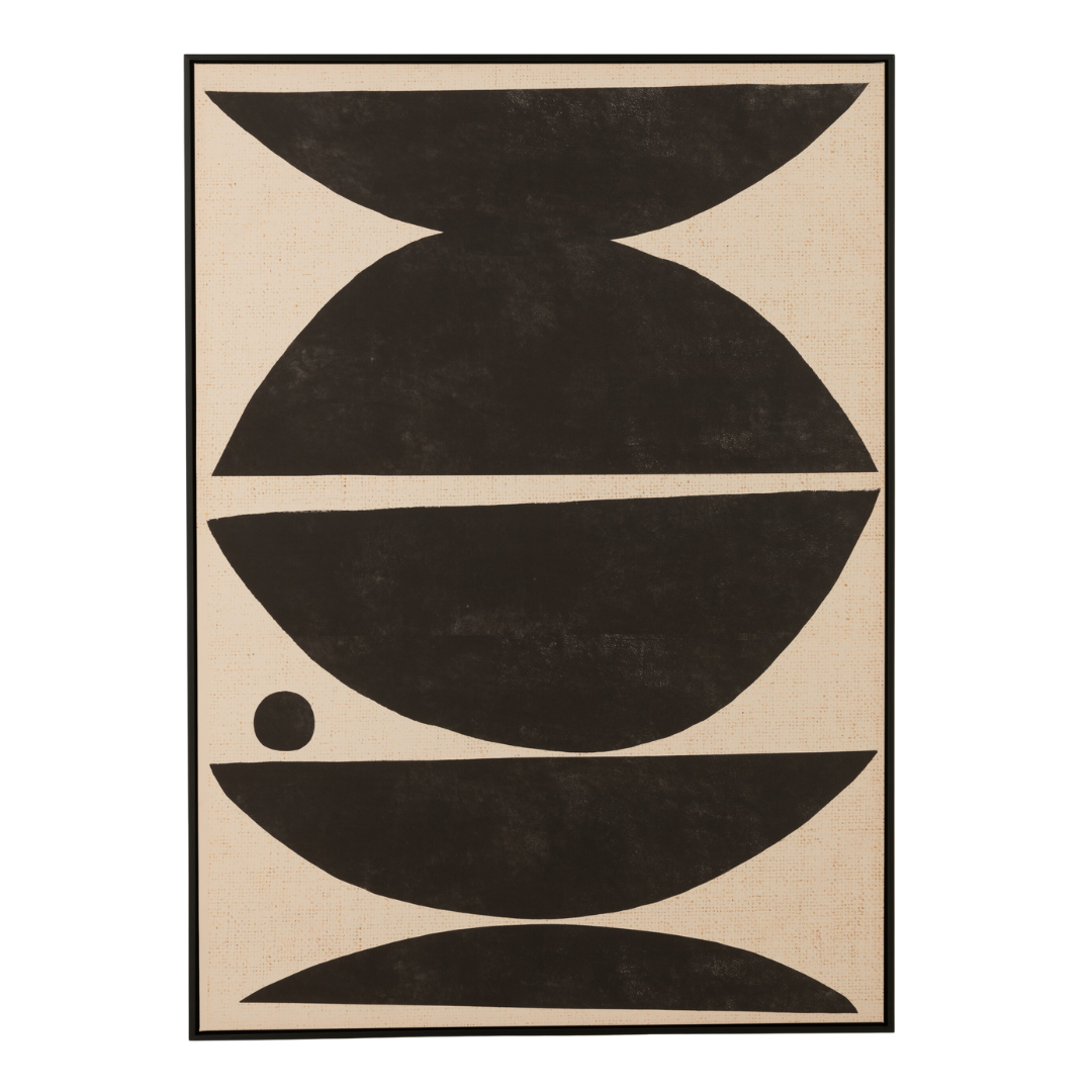 Front view of the Equilibrio Painting showcasing bold black geometric shapes on canvas.