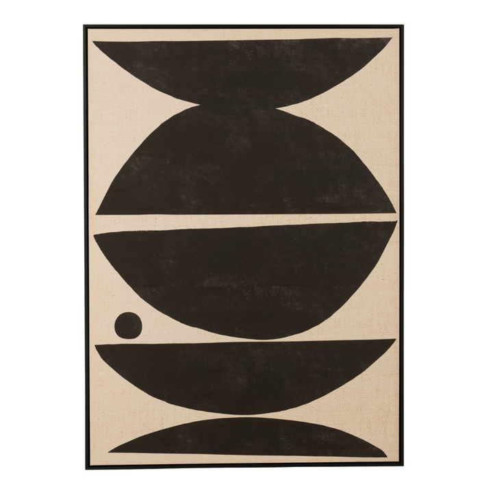 Front view of the Equilibrio Painting showcasing bold black geometric shapes on canvas.