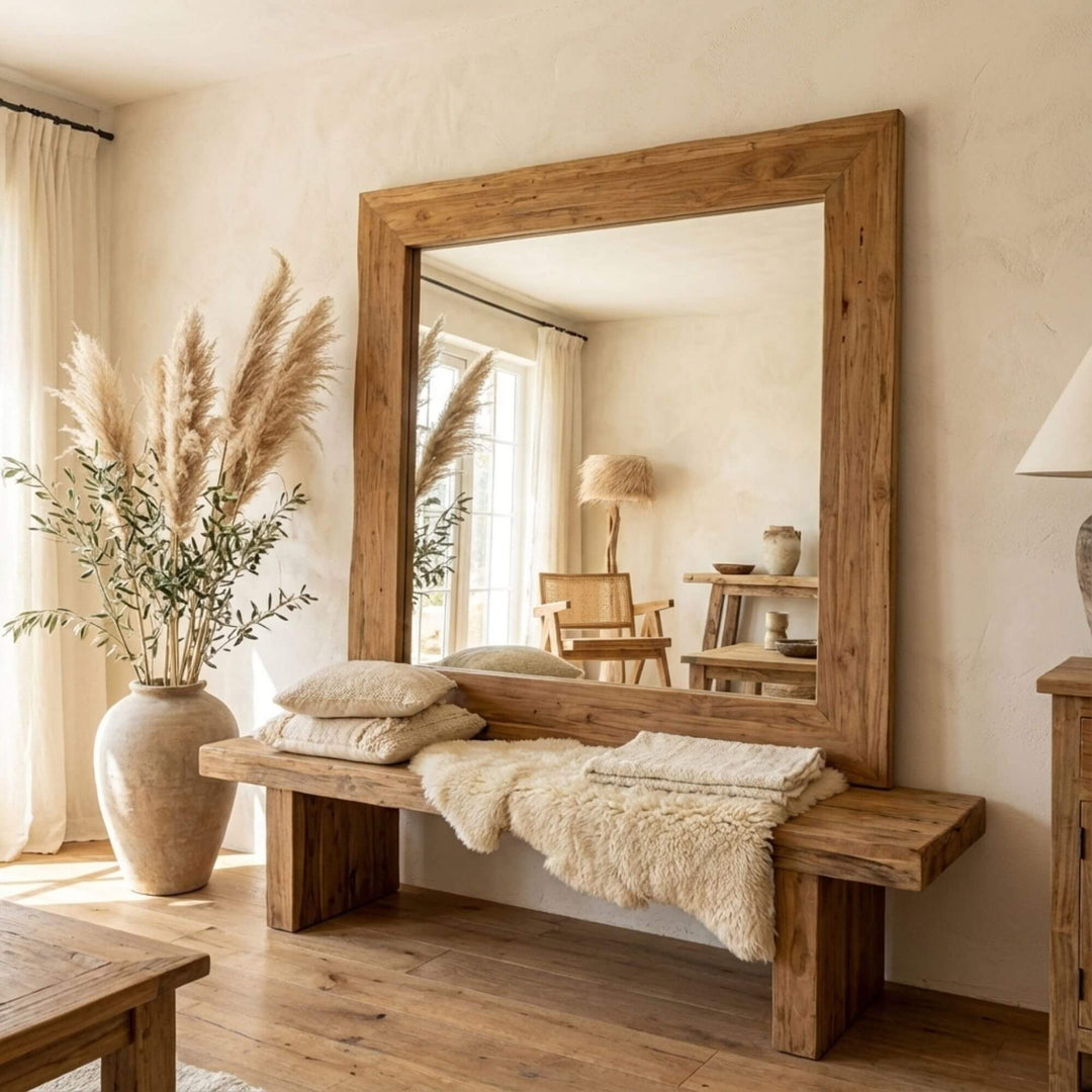 Styled interior view of Erised Teak Wood Mirror leaning against a wall, highlighting its natural recycled wood frame.