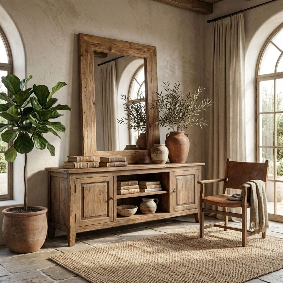Styled interior view of Erised Teak Wood Mirror leaning against a wall, highlighting its natural recycled wood frame.