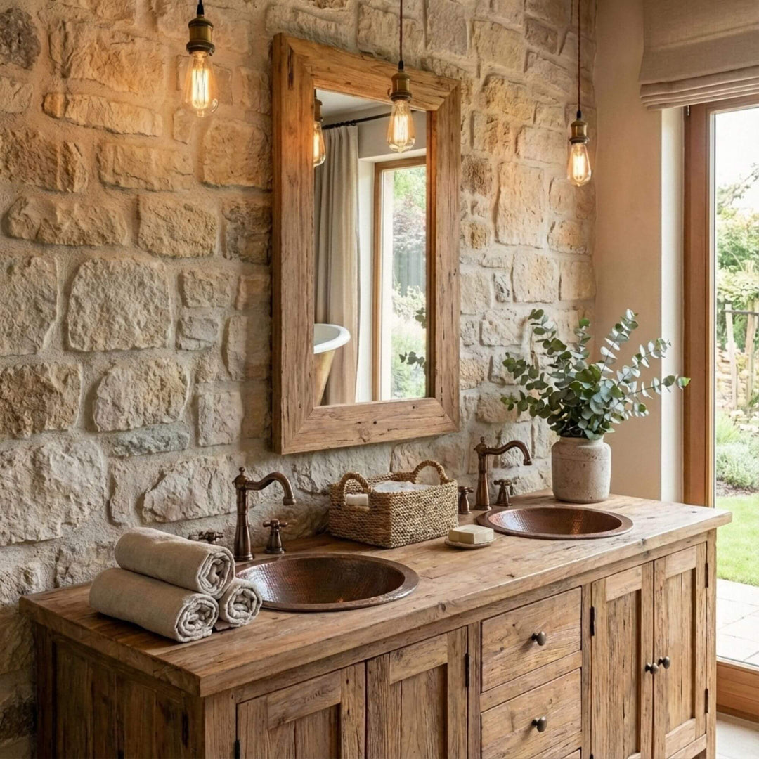 Bathroom setting with Erised Teak Wood Mirror mounted above a vanity, emphasizing its warm natural tones.