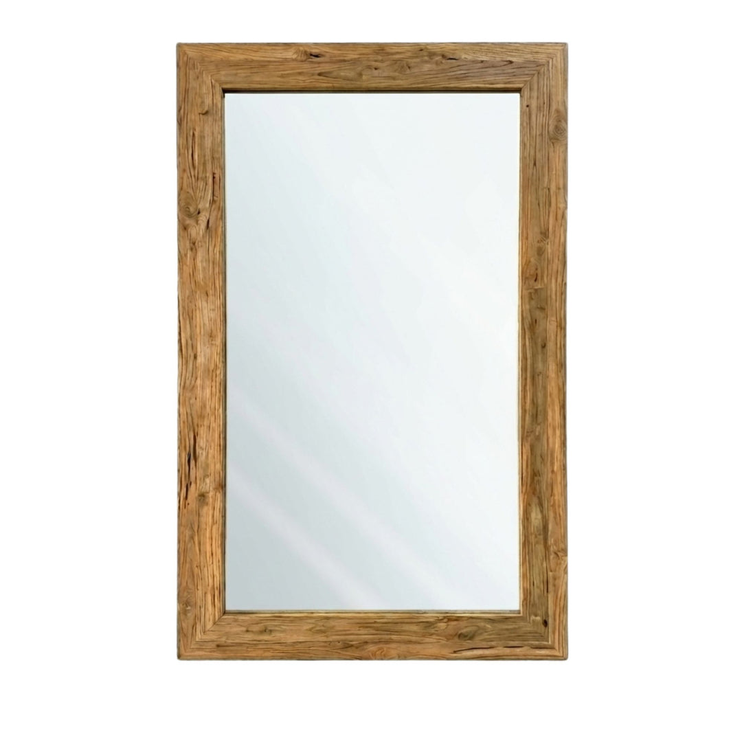 Front view of Erised Teak Wood Mirror showcasing the rectangular teak frame and clean reflective surface.
