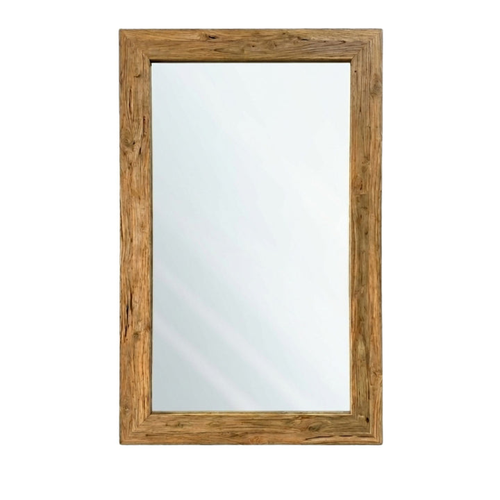 Front view of Erised Teak Wood Mirror showcasing the rectangular teak frame and clean reflective surface.