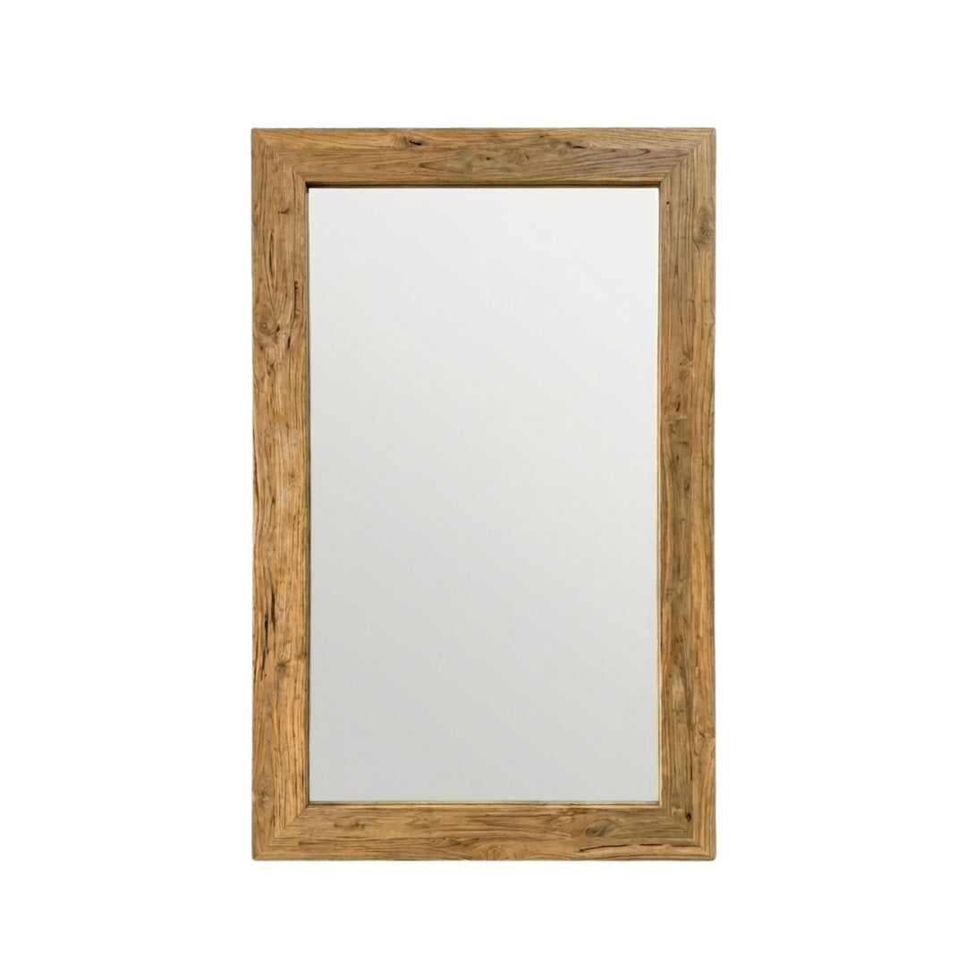 Front view of Erised Teak Wood Mirror showcasing the rectangular teak frame and clean reflective surface.