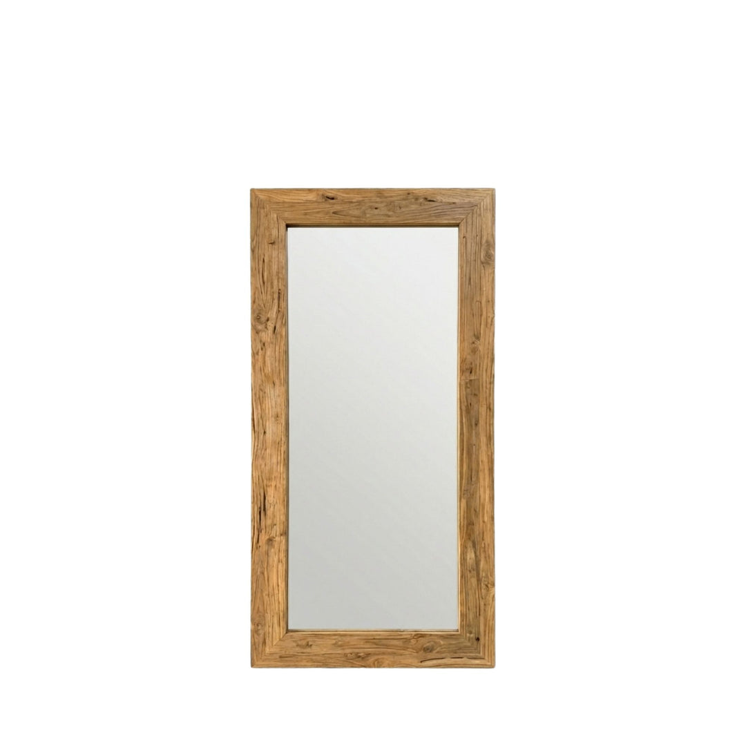 Front view of Erised Teak Wood Mirror showcasing the rectangular teak frame and clean reflective surface.