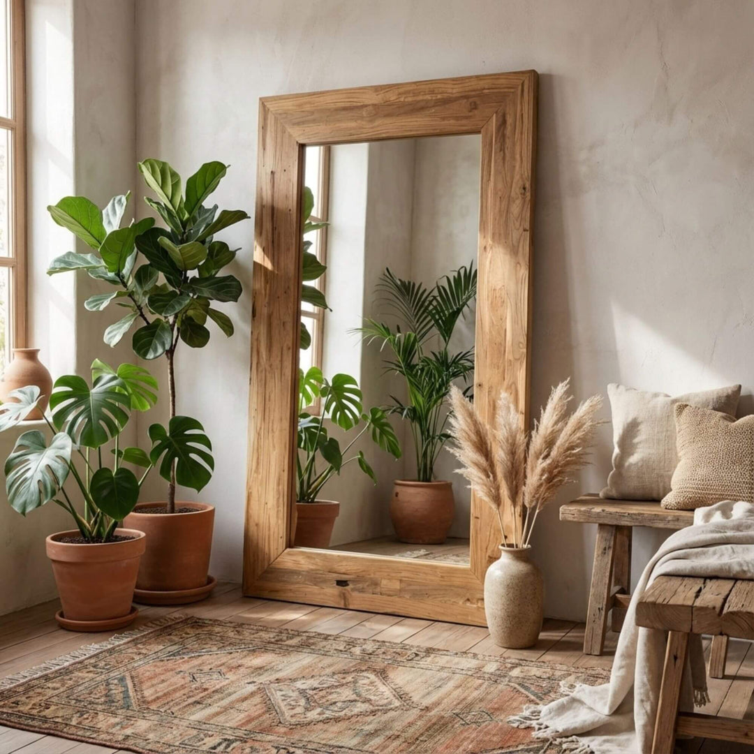 Styled interior view of Erised Teak Wood Mirror leaning against a wall, highlighting its natural recycled wood frame.