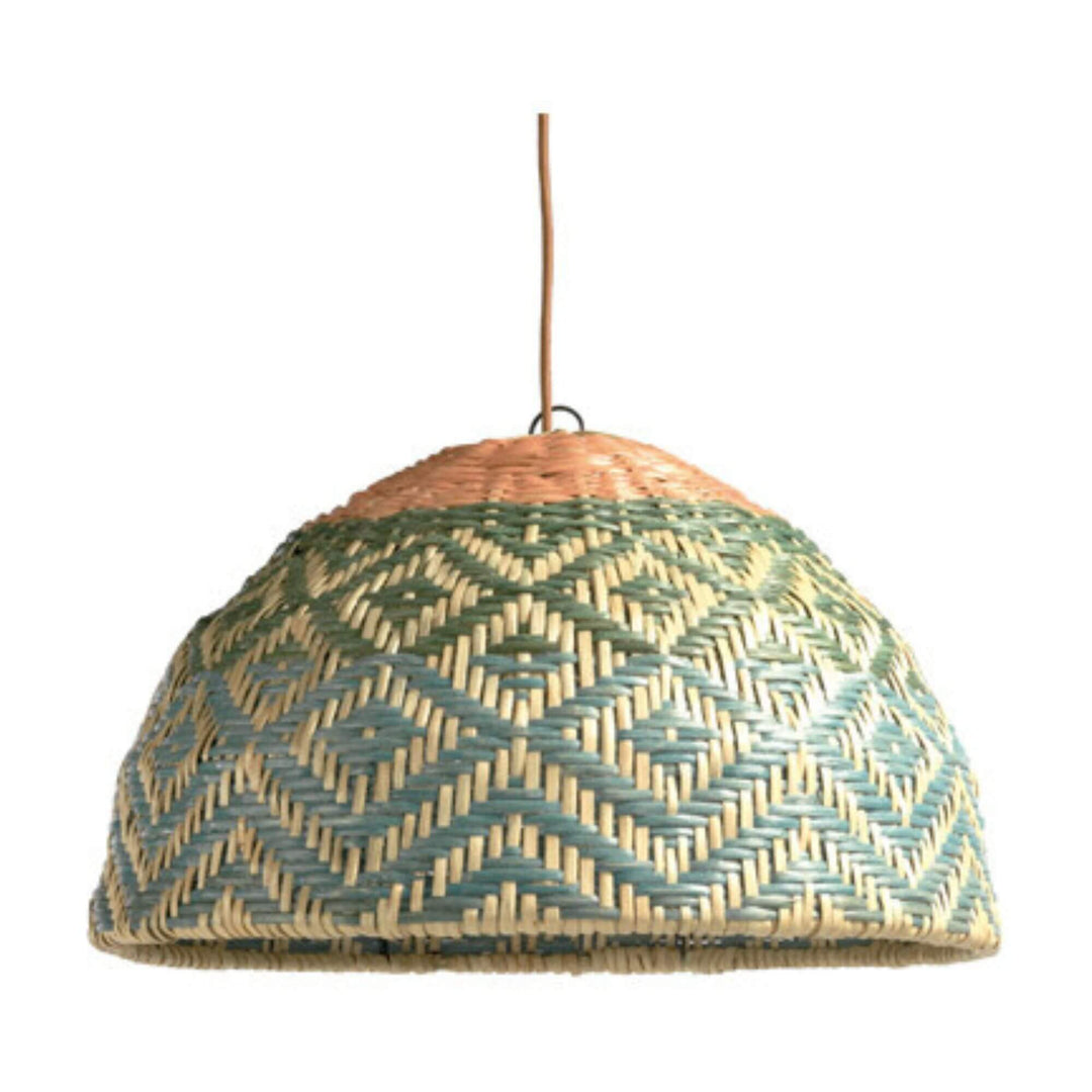 Esmeralda rattan lamp in green and blue geometric weave pattern.