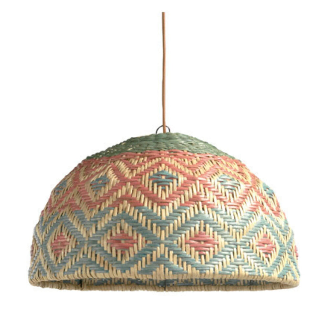 Esmeralda multicolor rattan lamp with green, blue, and coral geometric weave.