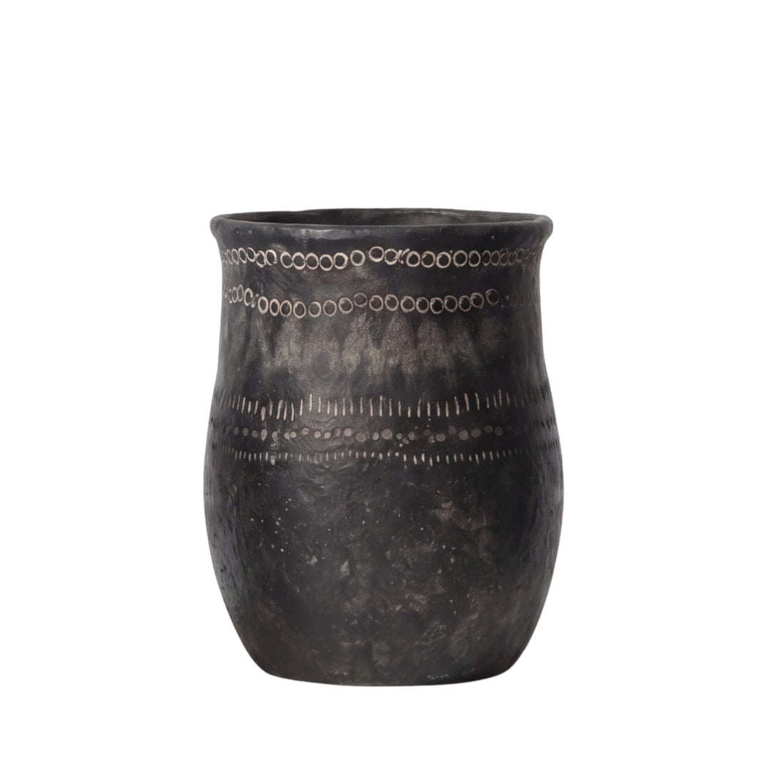 Front view of the medium etched black planter showing its decorative band detail.
