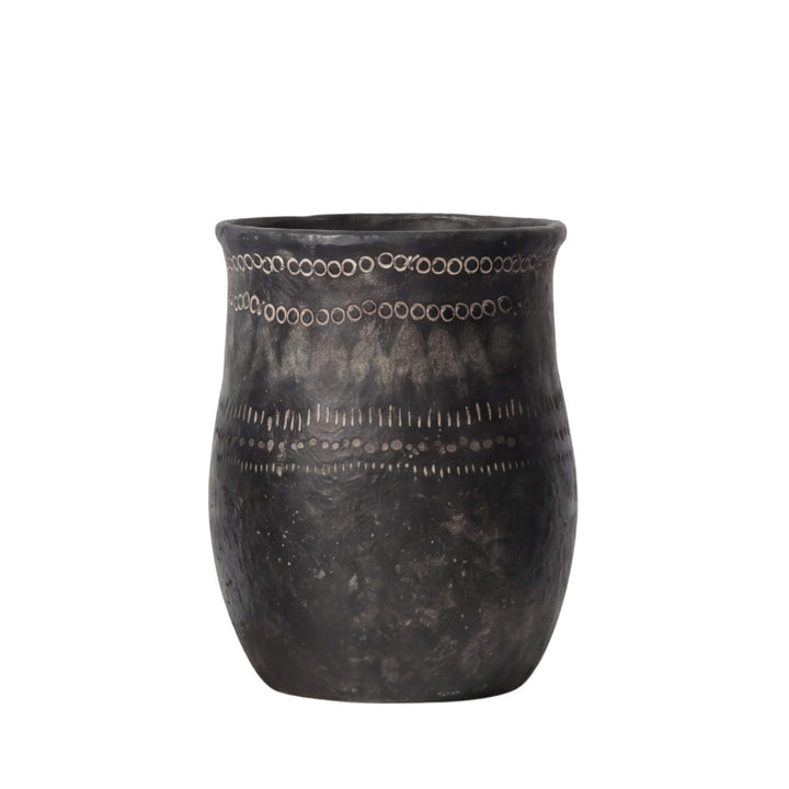 Front view of the medium etched black planter showing its decorative band detail.