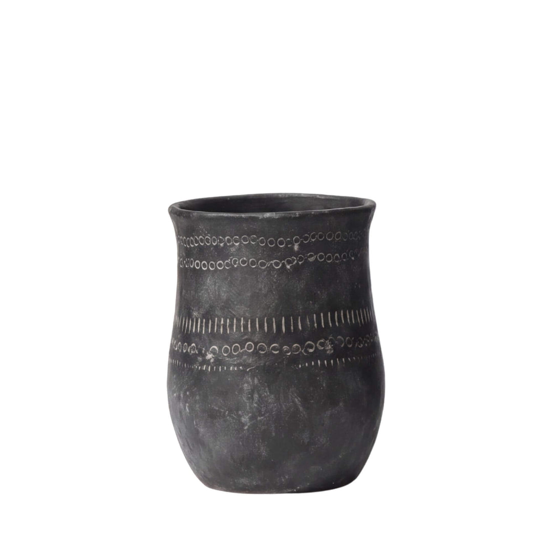 Front view of the small etched black planter with aged dark finish and textured surface.