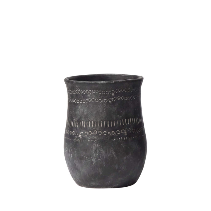 Front view of the small etched black planter with aged dark finish and textured surface.
